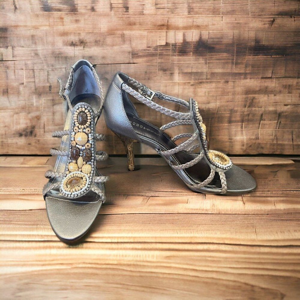NEW BCBGeneration Polands Women's Golden Leather Beaded Strappy High Heels 7 1/2